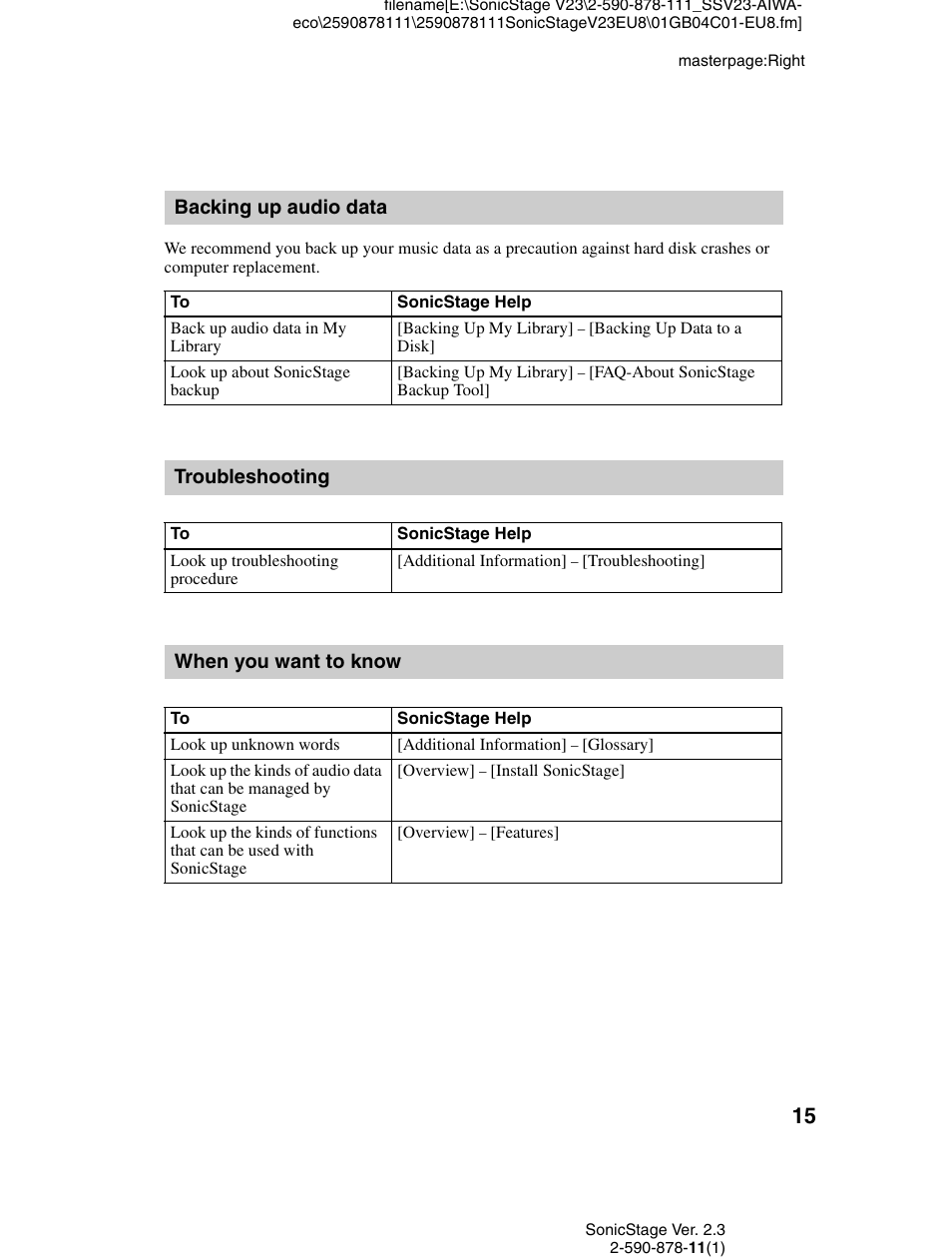 Backing up audio data, Troubleshooting, When you want to know | Sony VGF-AP1L User Manual | Page 15 / 20