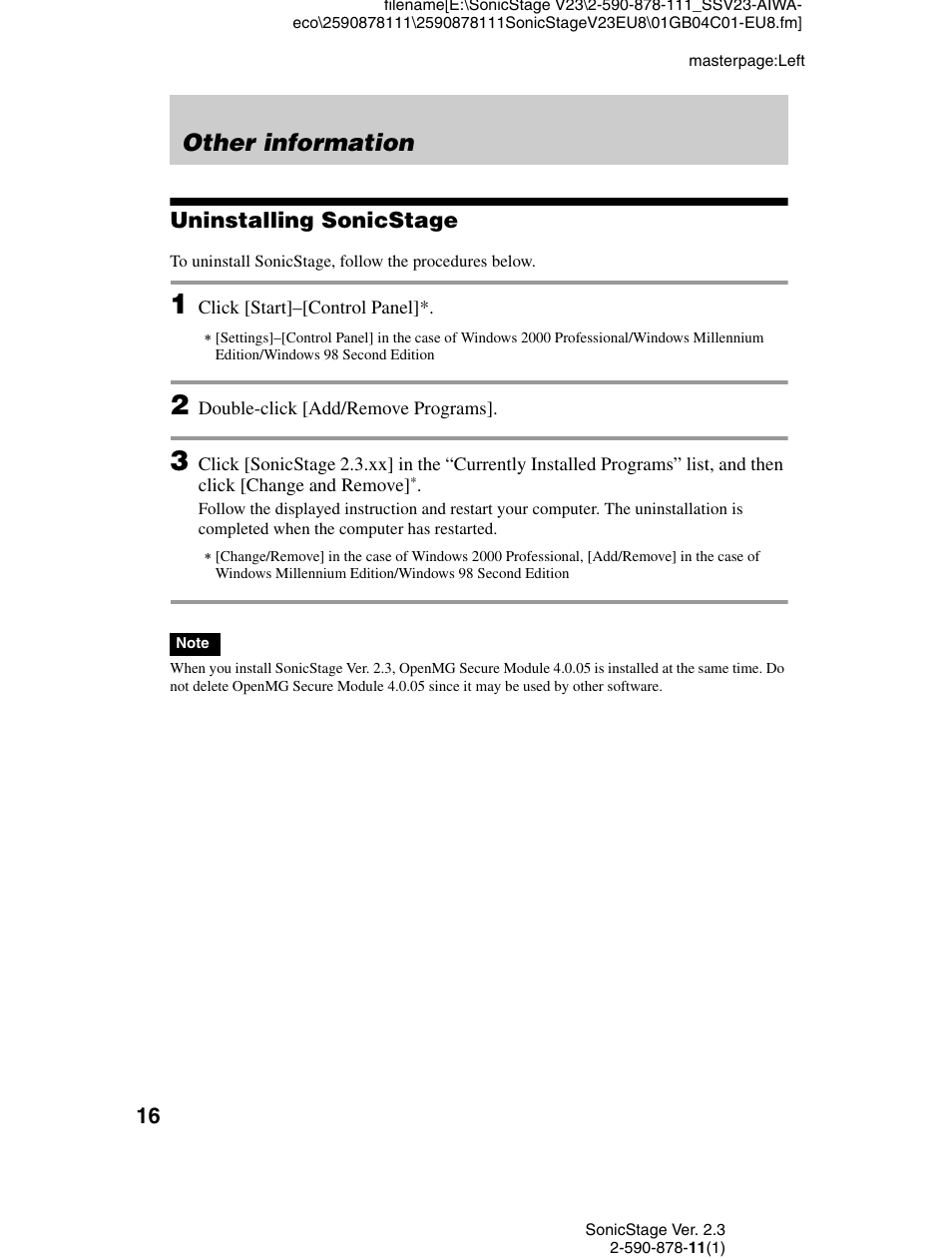 Other information, Uninstalling sonicstage | Sony VGF-AP1L User Manual | Page 16 / 20