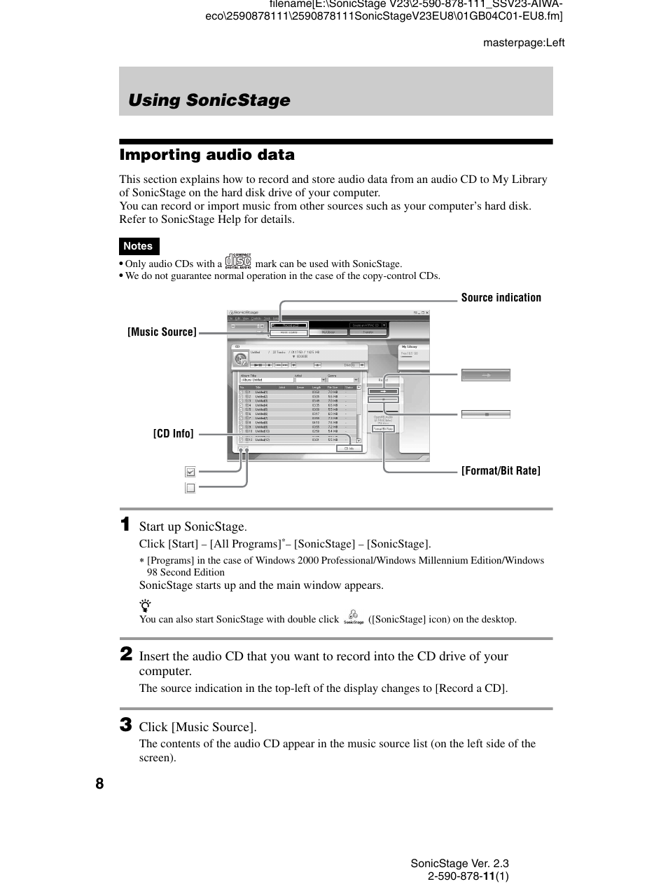 Using sonicstage, Importing audio data | Sony VGF-AP1L User Manual | Page 8 / 20