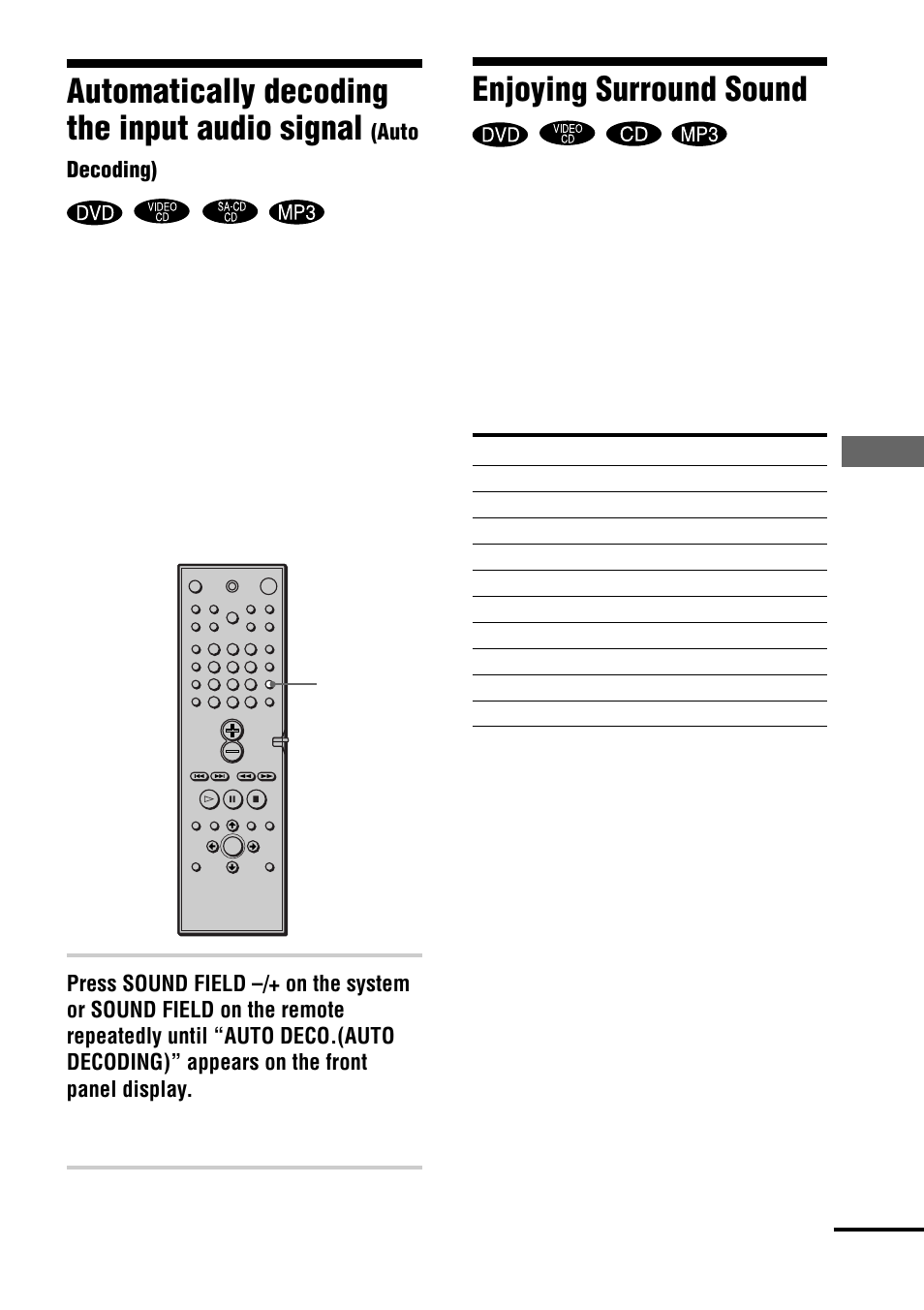 Automatically decoding the input audio signal, Enjoying surround sound | Sony DAV-C990 User Manual | Page 51 / 88