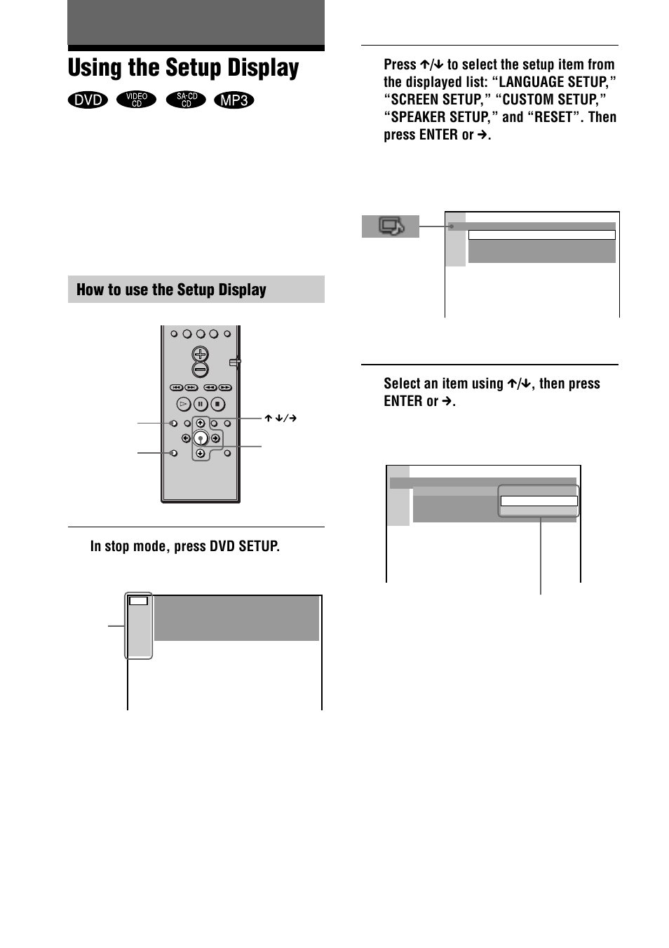 Using the setup display, How to use the setup display | Sony DAV-C990 User Manual | Page 66 / 88