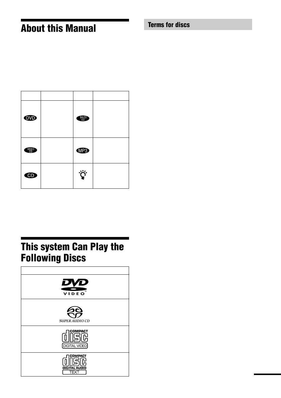 About this manual, This system can play the following discs | Sony DAV-C990 User Manual | Page 7 / 88
