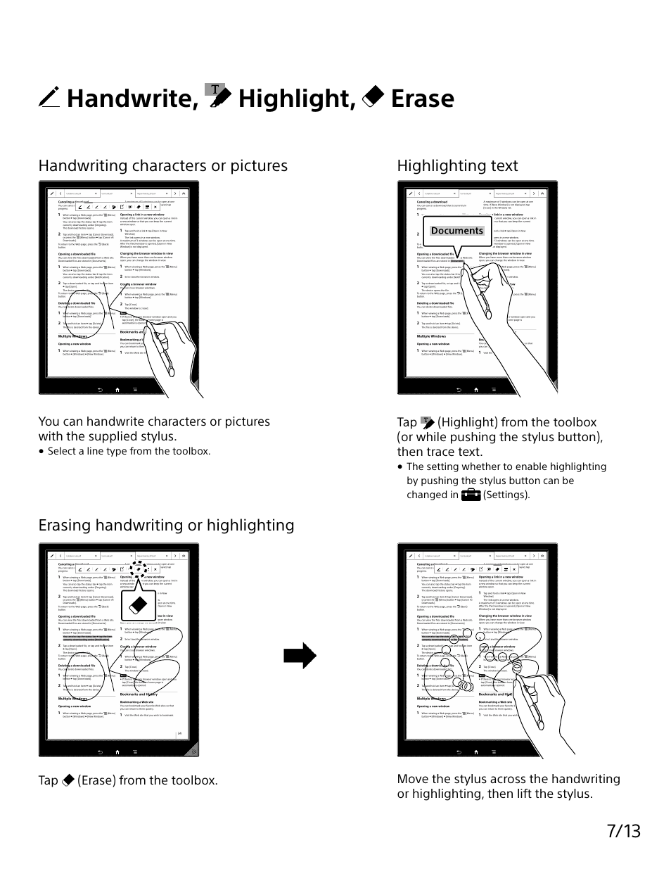 Handwrite, highlight, erase, Erasing handwriting or highlighting | Sony DPT-S1 User Manual | Page 7 / 13