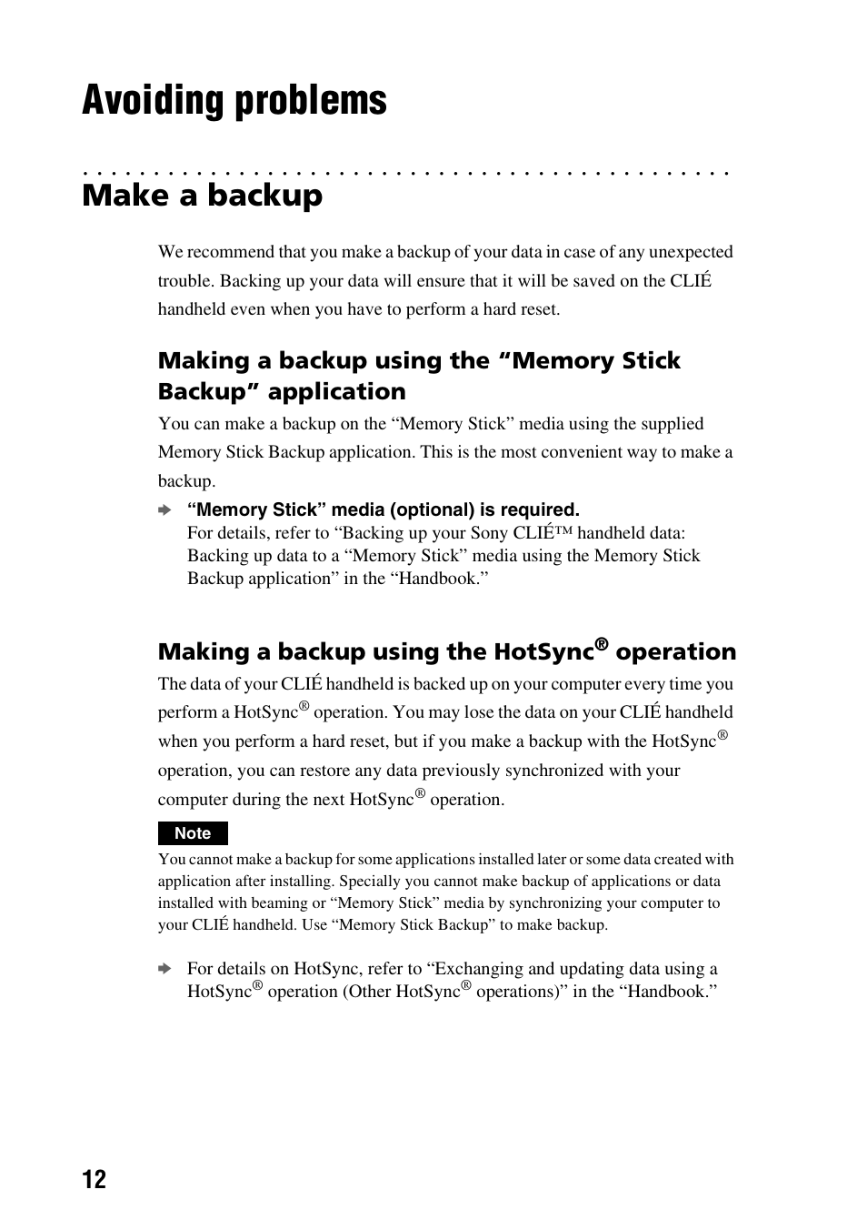 Avoiding problems, Make a backup, Making a backup using the hotsync | Operation | Sony PEG-TG50 User Manual | Page 12 / 56