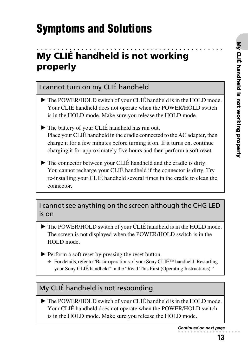 Symptoms and solutions, My clié handheld is not working properly, I cannot turn on my clié handheld | My clié handheld is not responding | Sony PEG-TG50 User Manual | Page 13 / 56