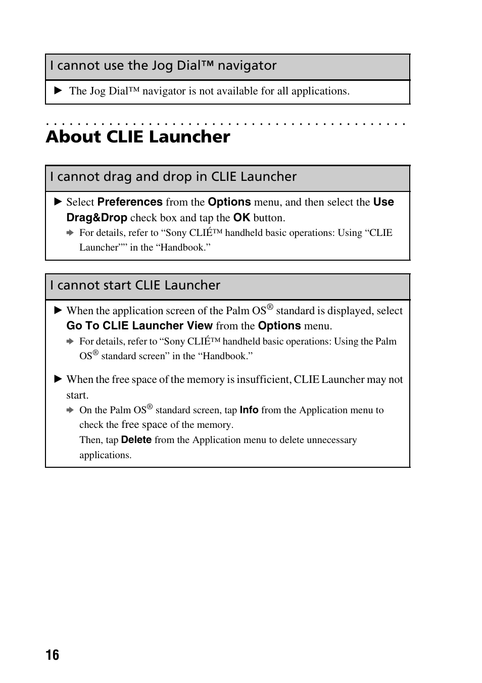 About clie launcher, I cannot use the jog dial™ navigator, I cannot drag and drop in clie launcher | I cannot start clie launcher | Sony PEG-TG50 User Manual | Page 16 / 56