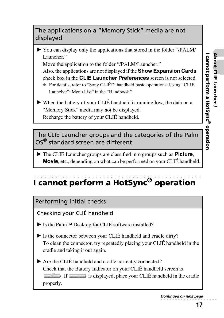 I cannot perform a hotsync® operation, I cannot perform a hotsync, Operation | Standard screen are different, Performing initial checks | Sony PEG-TG50 User Manual | Page 17 / 56