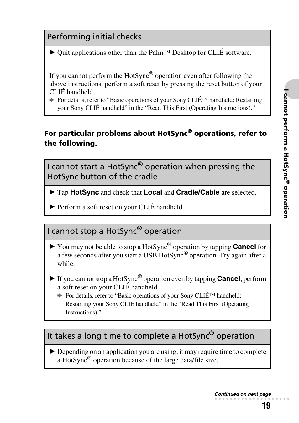 I cannot start a hotsync, Operation when pressing the, Hotsync button of the cradle | I cannot stop a hotsync, Operation, It takes a long time to complete a hotsync, Performing initial checks | Sony PEG-TG50 User Manual | Page 19 / 56