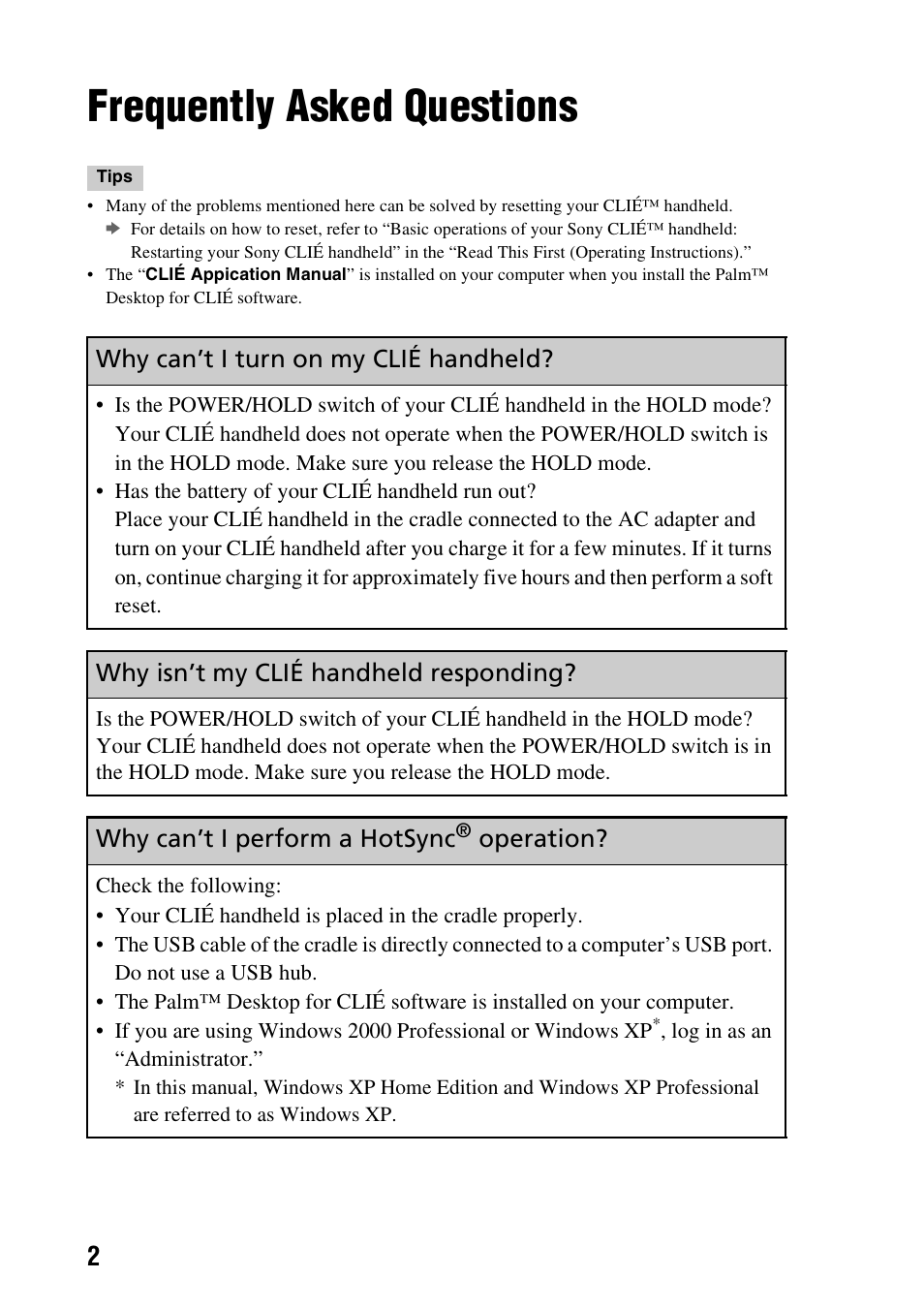 Frequently asked questions | Sony PEG-TG50 User Manual | Page 2 / 56