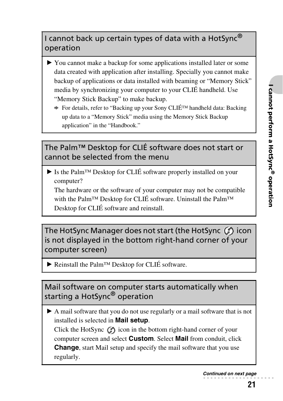 Operation, The hotsync manager does not start (the hotsync, Icon | Sony PEG-TG50 User Manual | Page 21 / 56