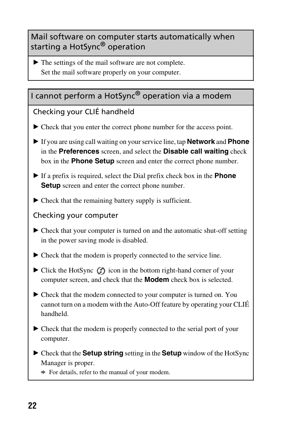 I cannot perform a hotsync, Operation via a modem | Sony PEG-TG50 User Manual | Page 22 / 56