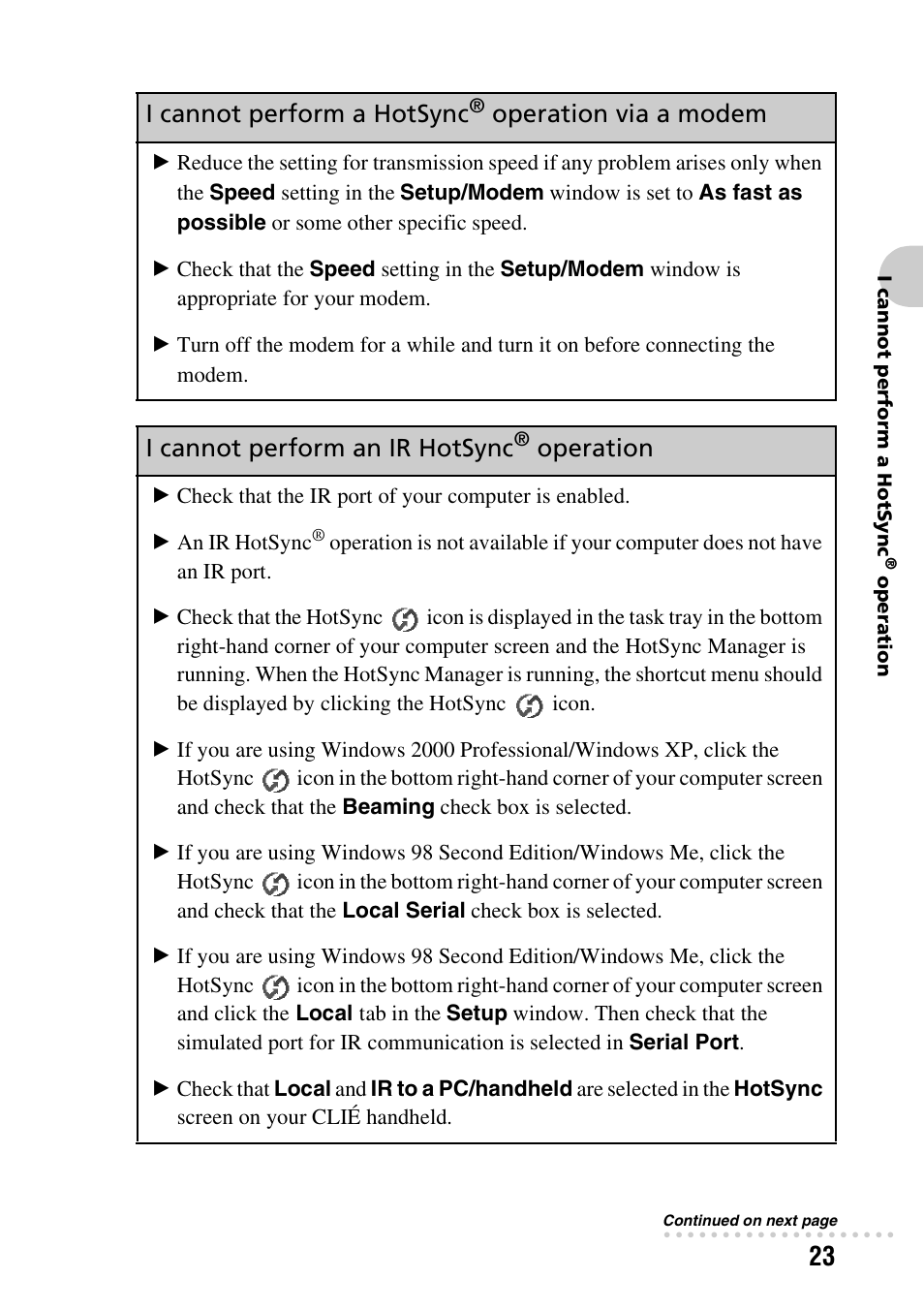 I cannot perform an ir hotsync, Operation | Sony PEG-TG50 User Manual | Page 23 / 56
