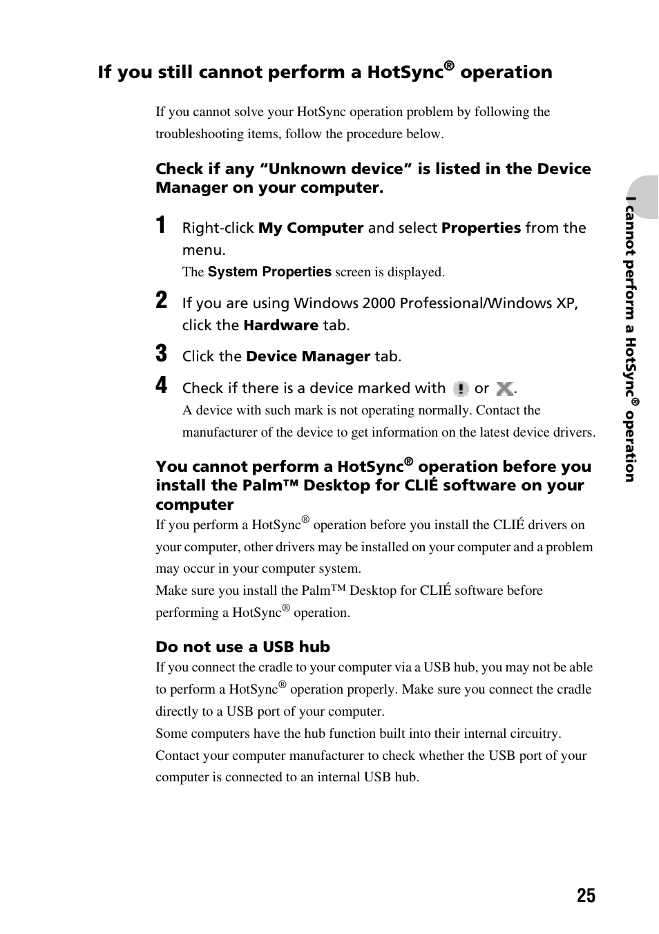If you still cannot perform a hotsync, Operation | Sony PEG-TG50 User Manual | Page 25 / 56