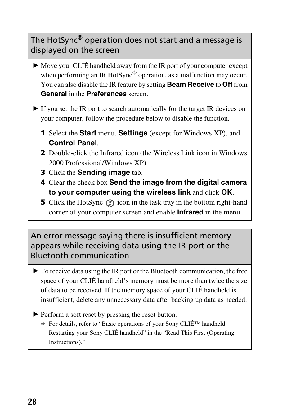 The hotsync, Operation does not start and a message is, Displayed on the screen | Sony PEG-TG50 User Manual | Page 28 / 56