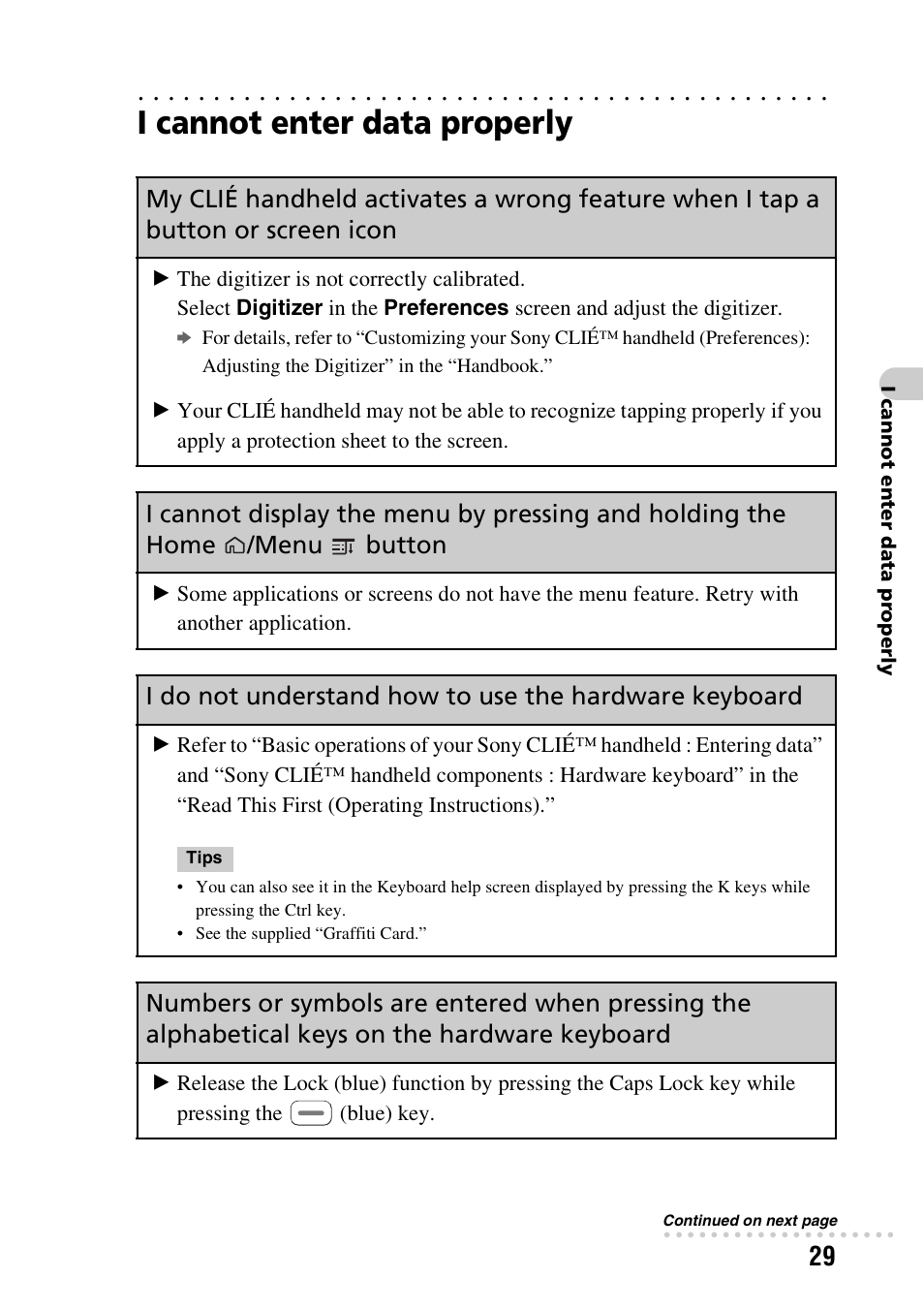 I cannot enter data properly, Menu, Button | Sony PEG-TG50 User Manual | Page 29 / 56