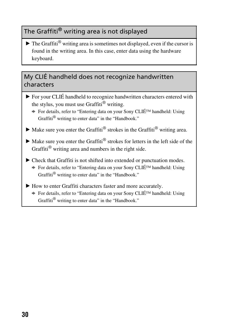 The graffiti, Writing area is not displayed | Sony PEG-TG50 User Manual | Page 30 / 56