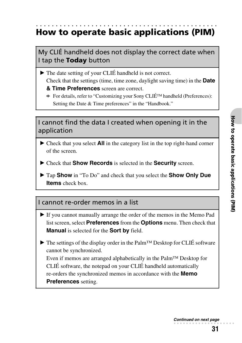 How to operate basic applications (pim), Today button, I cannot re-order memos in a list | Sony PEG-TG50 User Manual | Page 31 / 56