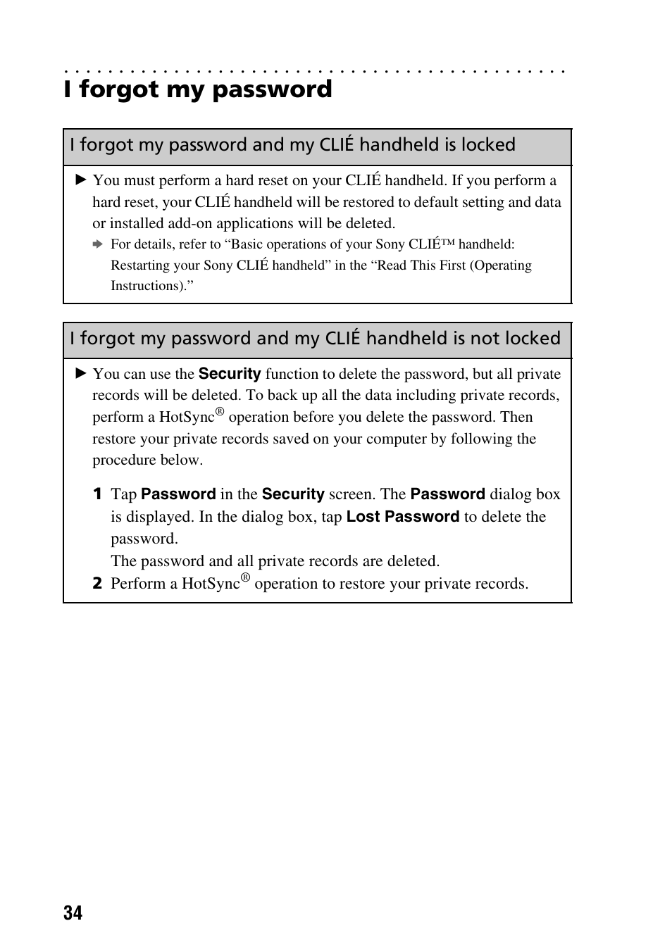 I forgot my password | Sony PEG-TG50 User Manual | Page 34 / 56