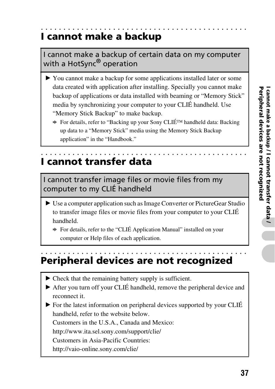 I cannot make a backup, I cannot transfer data, Peripheral devices are not recognized | Operation | Sony PEG-TG50 User Manual | Page 37 / 56