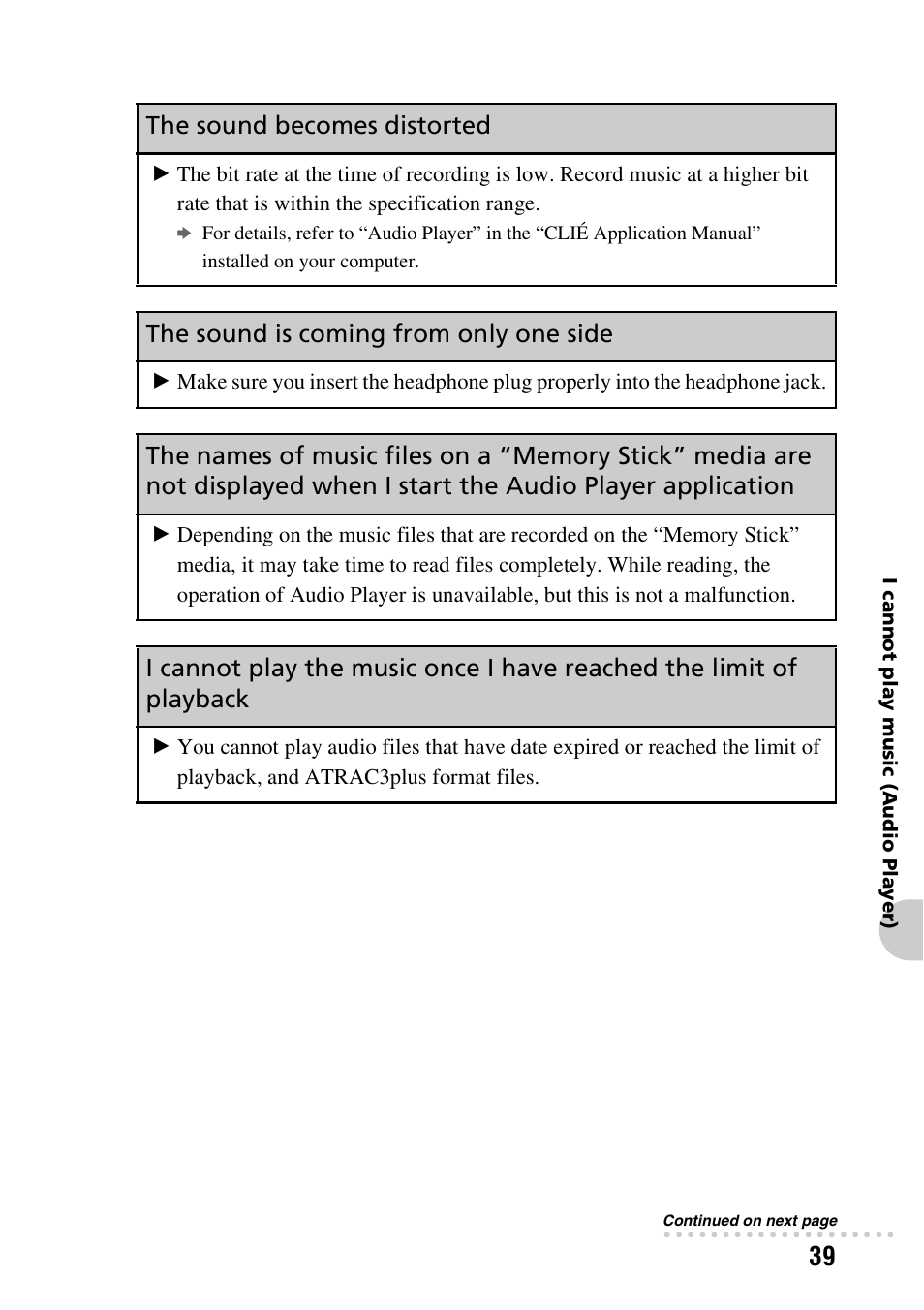 The sound becomes distorted, The sound is coming from only one side | Sony PEG-TG50 User Manual | Page 39 / 56