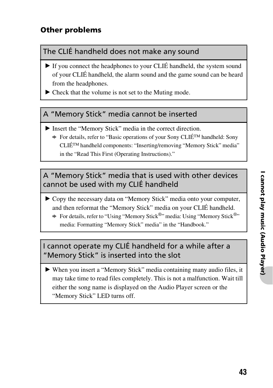 Other problems, The clié handheld does not make any sound, A “memory stick” media cannot be inserted | Sony PEG-TG50 User Manual | Page 43 / 56