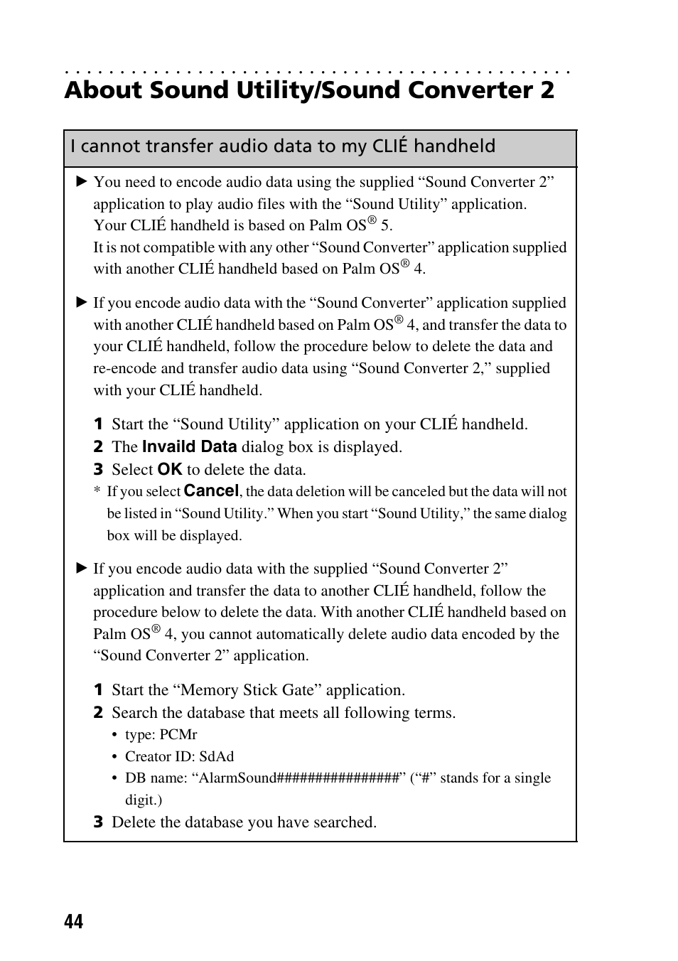 About sound utility/sound converter 2, I cannot transfer audio data to my clié handheld | Sony PEG-TG50 User Manual | Page 44 / 56