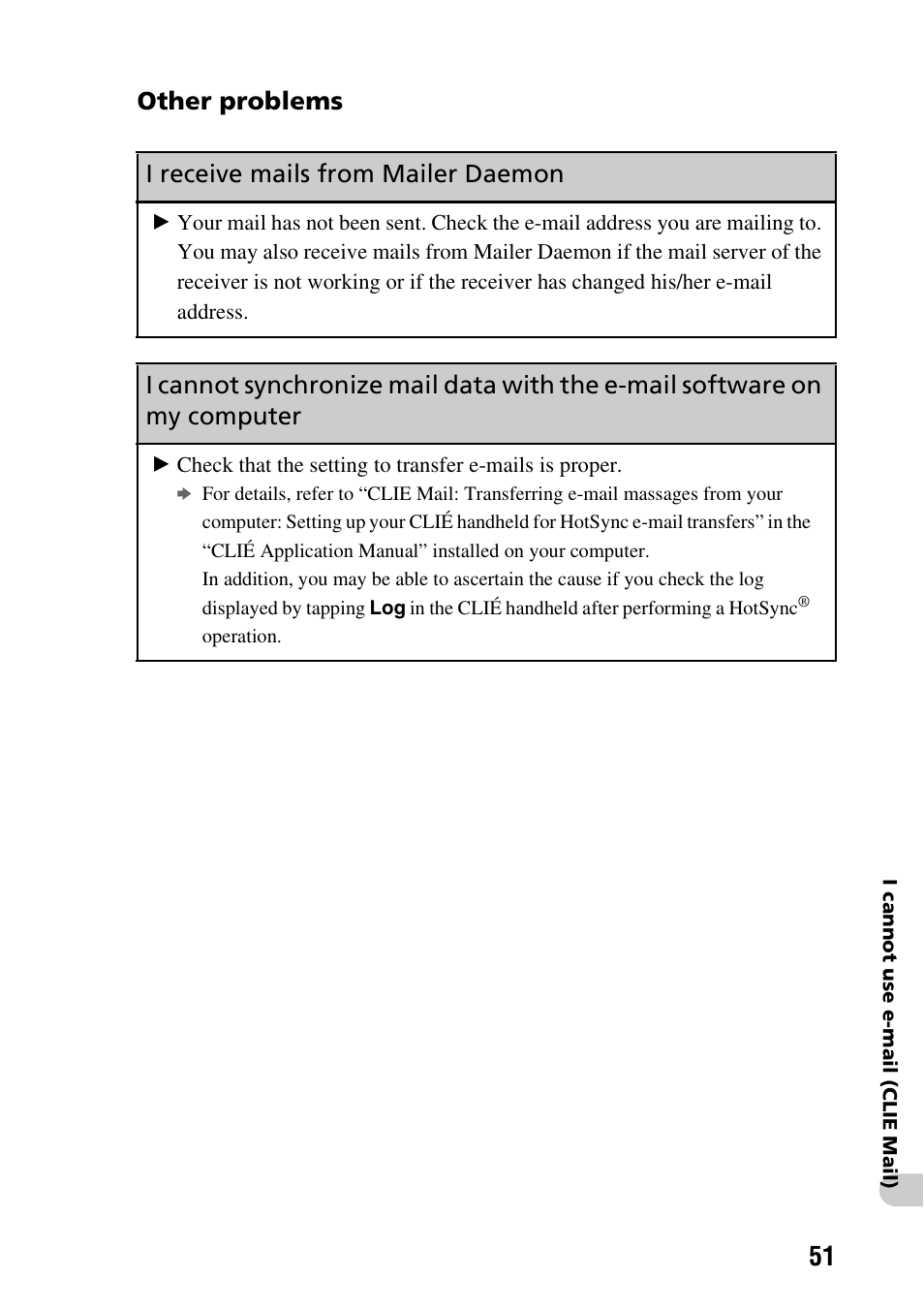 Other problems, I receive mails from mailer daemon, Other problems i receive mails from mailer daemon | Sony PEG-TG50 User Manual | Page 51 / 56