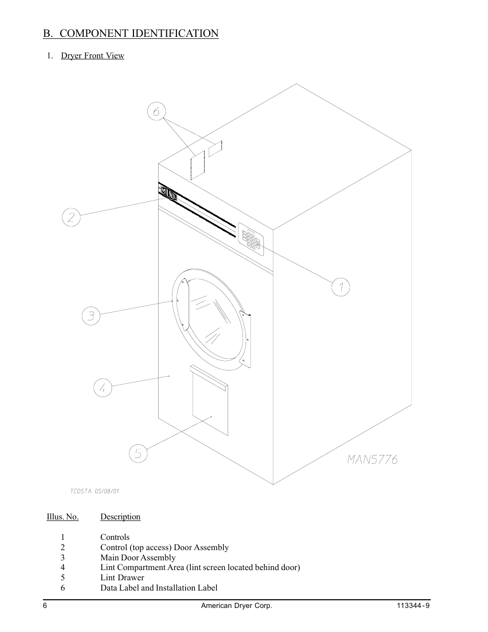 Component identification, B. component identification | American Dryer Corp. ML-82 III User Manual | Page 10 / 46