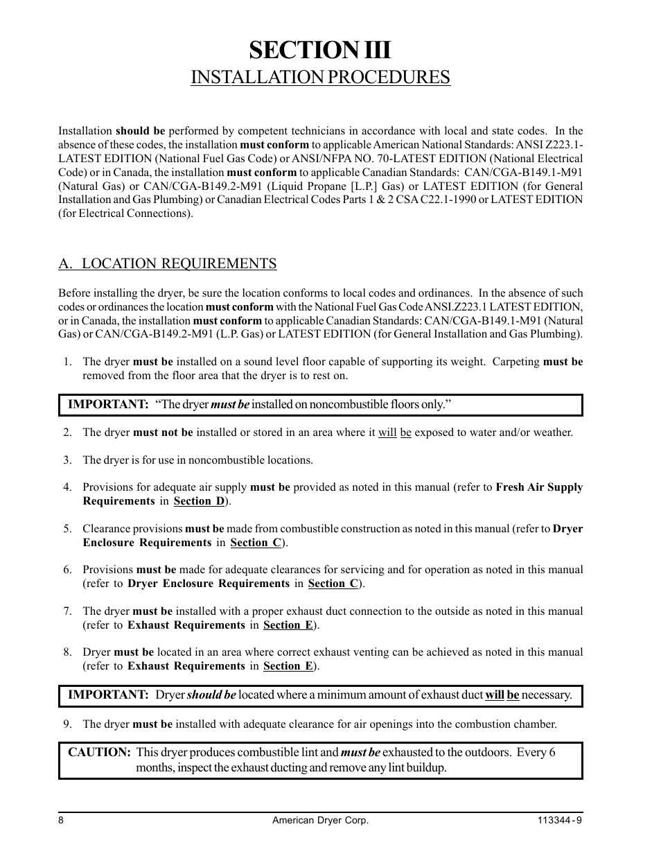 Installation procedures, Location requirements, Section iii installation procedures | A. location requirements | American Dryer Corp. ML-82 III User Manual | Page 12 / 46