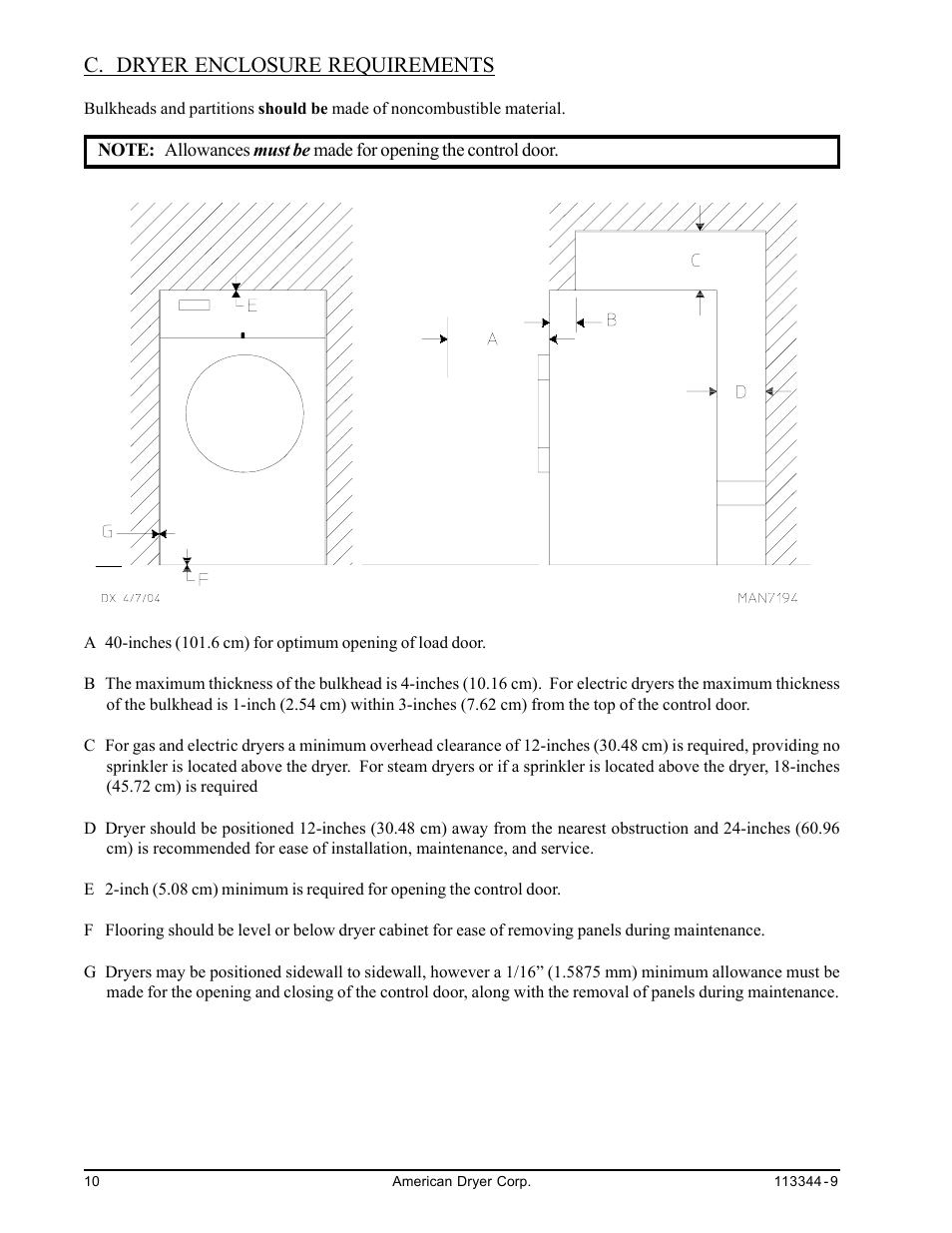 Dryer enclosure requirements, C. dryer enclosure requirements | American Dryer Corp. ML-82 III User Manual | Page 14 / 46