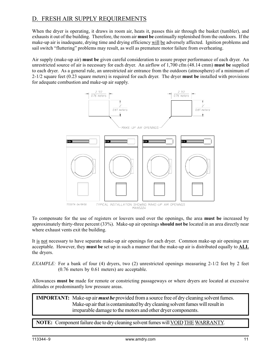 Fresh air supply requirements, D. fresh air supply requirements | American Dryer Corp. ML-82 III User Manual | Page 15 / 46