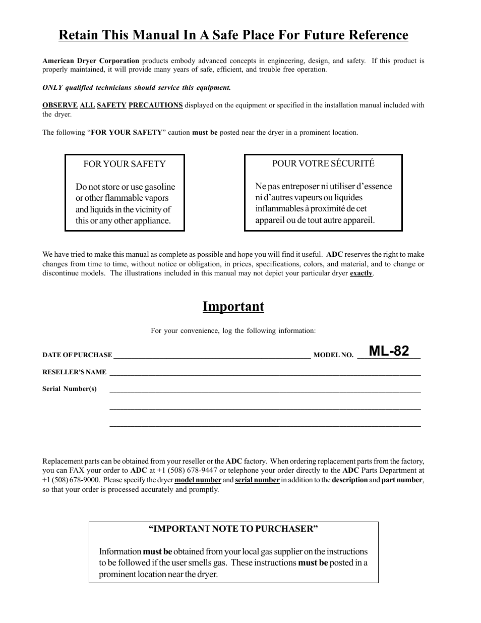 Important, Ml-82 | American Dryer Corp. ML-82 III User Manual | Page 2 / 46