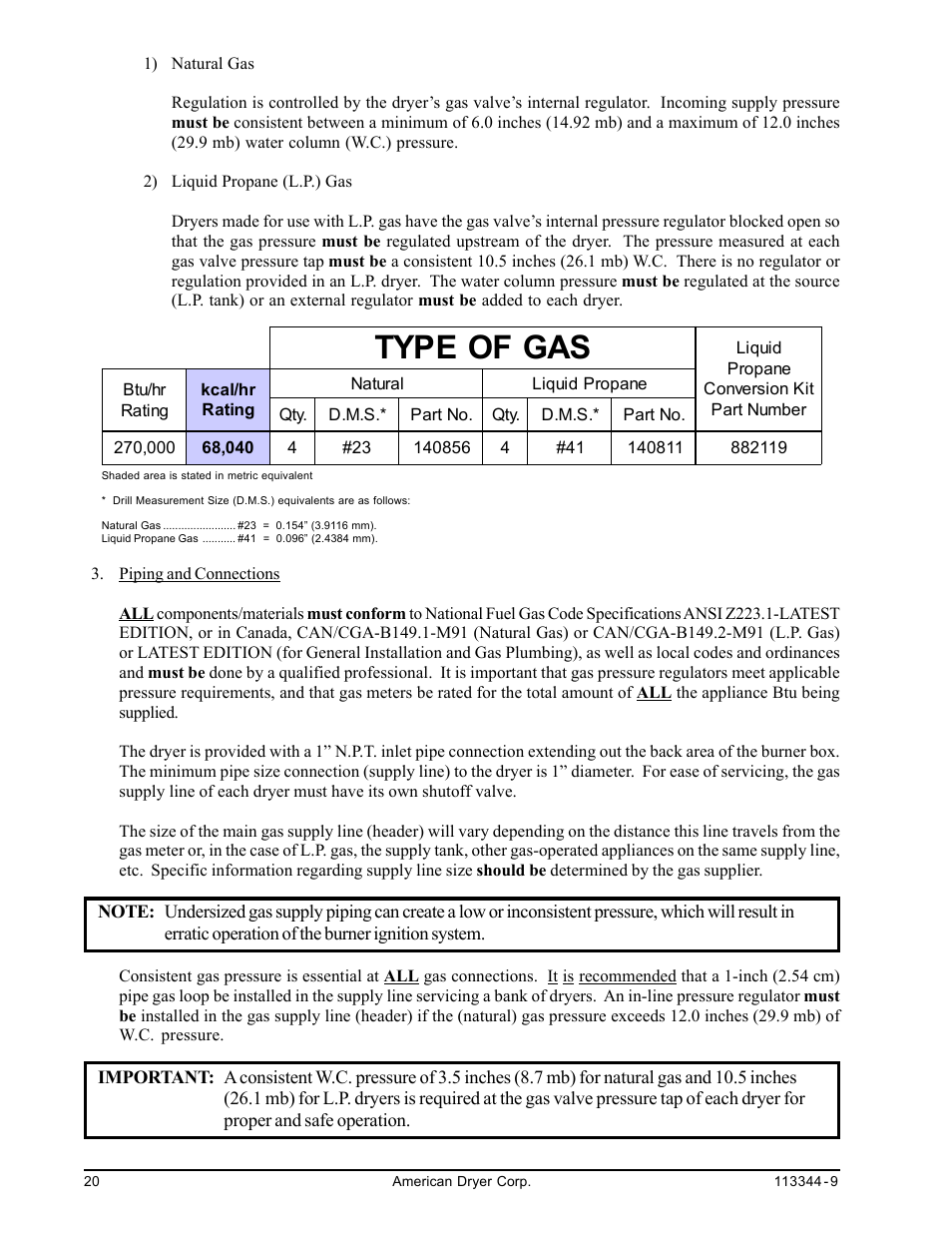 Type of gas | American Dryer Corp. ML-82 III User Manual | Page 24 / 46