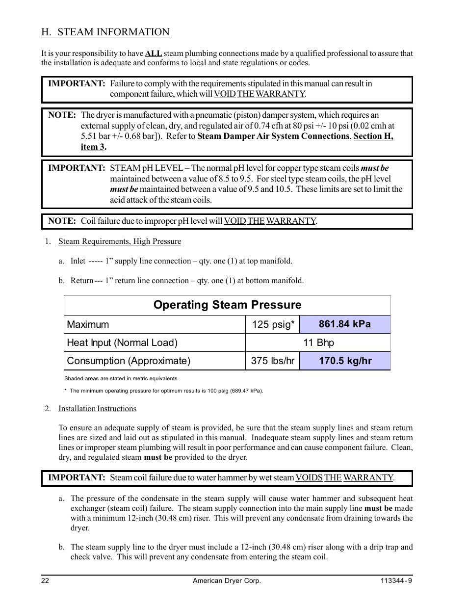 Steam information, H. steam information, Operating steam pressure | American Dryer Corp. ML-82 III User Manual | Page 26 / 46