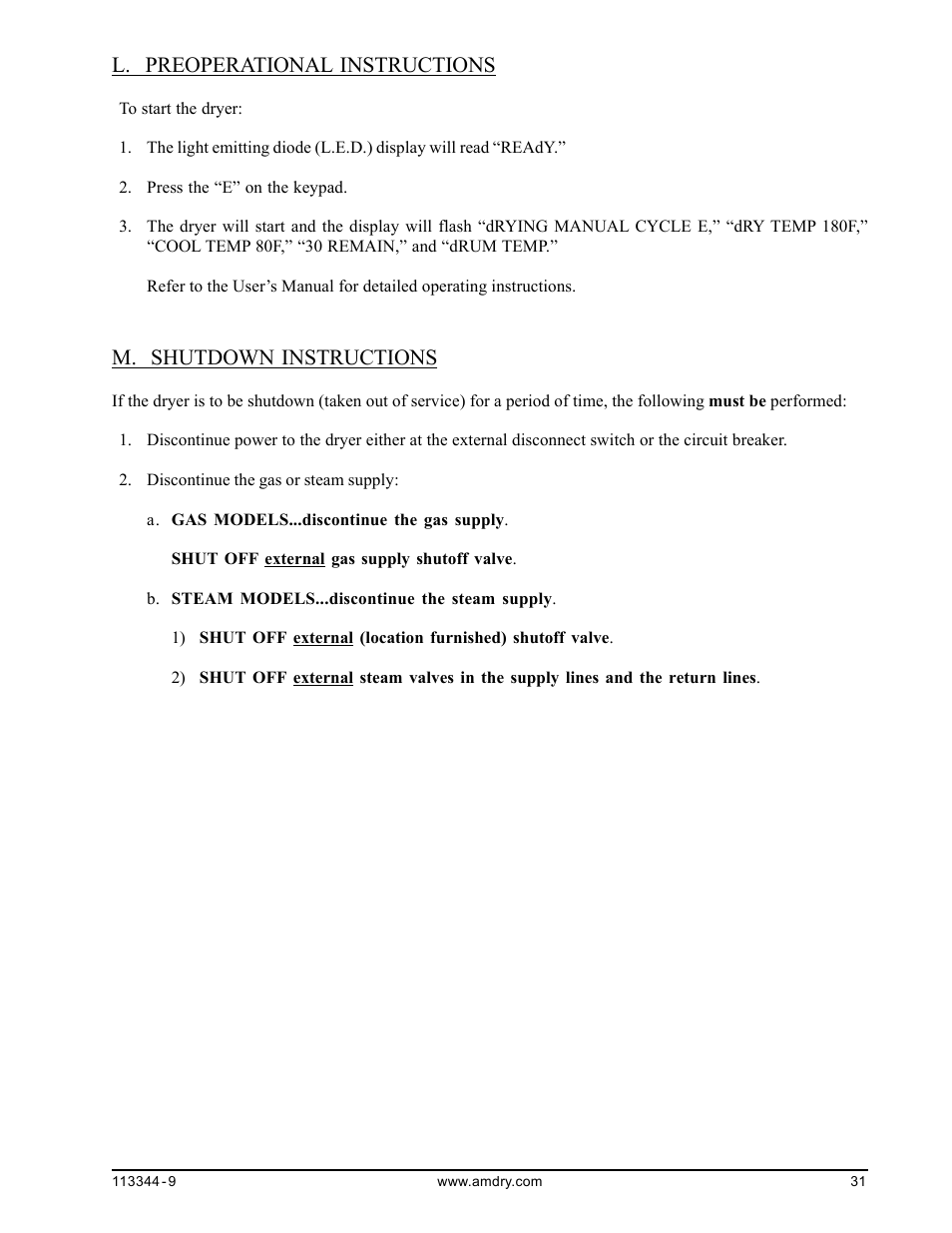 Preoperational instructions, Shutdown instructions, L. preoperational instructions | M. shutdown instructions | American Dryer Corp. ML-82 III User Manual | Page 35 / 46