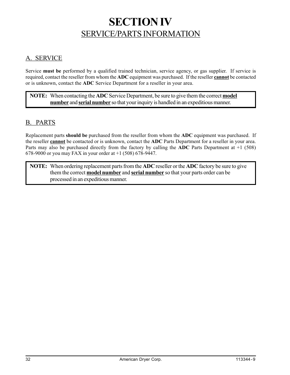 Service/parts information, Service, Parts | Section iv service/parts information, A. service b. parts | American Dryer Corp. ML-82 III User Manual | Page 36 / 46