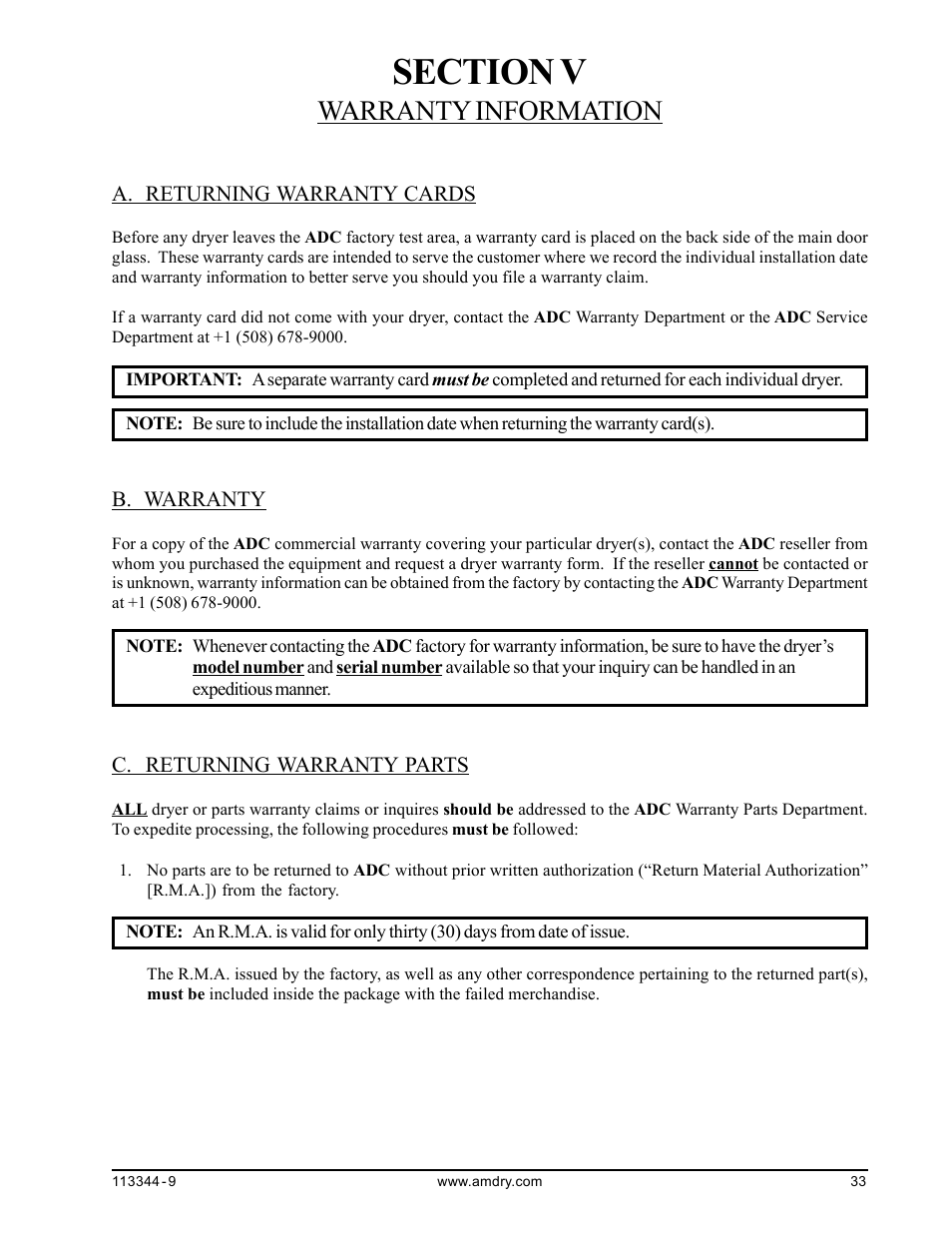 Warranty information, Returning warranty cards, Warranty | Returning warranty parts, Section v warranty information | American Dryer Corp. ML-82 III User Manual | Page 37 / 46