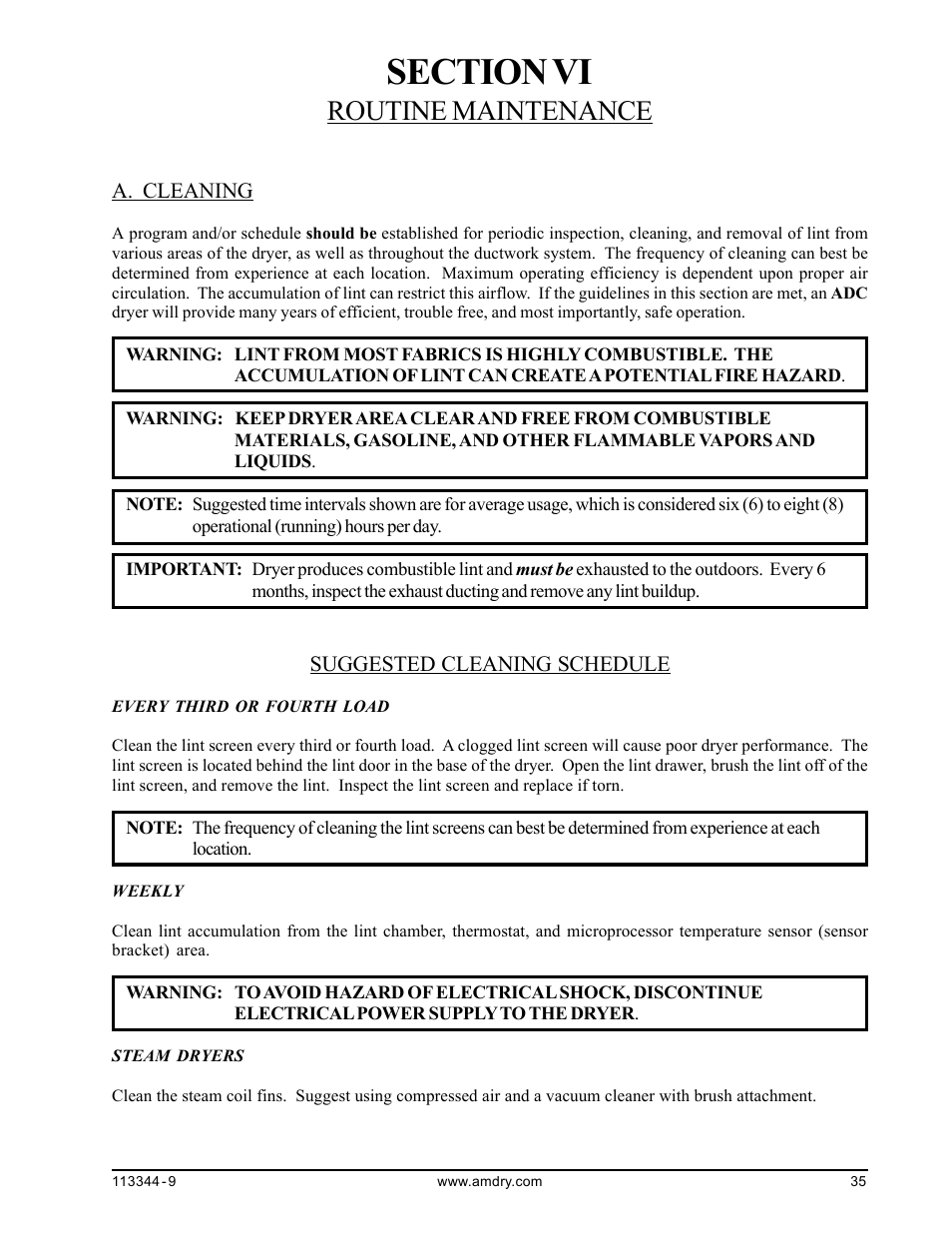 Routine maintenance, Cleaning, Section vi routine maintenance | A. cleaning | American Dryer Corp. ML-82 III User Manual | Page 39 / 46