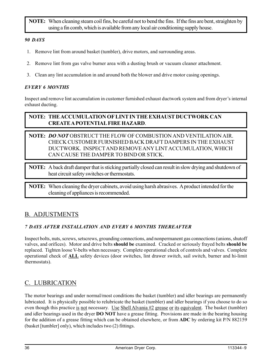 Adjustments, Lubrication, B. adjustments c. lubrication | B. adjustments, C. lubrication | American Dryer Corp. ML-82 III User Manual | Page 40 / 46