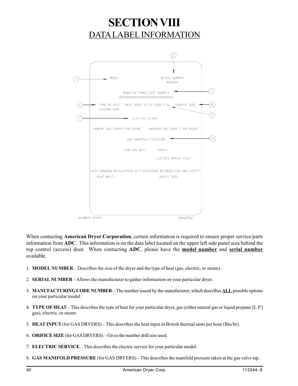 Data label information, Section viii data label information | American Dryer Corp. ML-82 III User Manual | Page 44 / 46