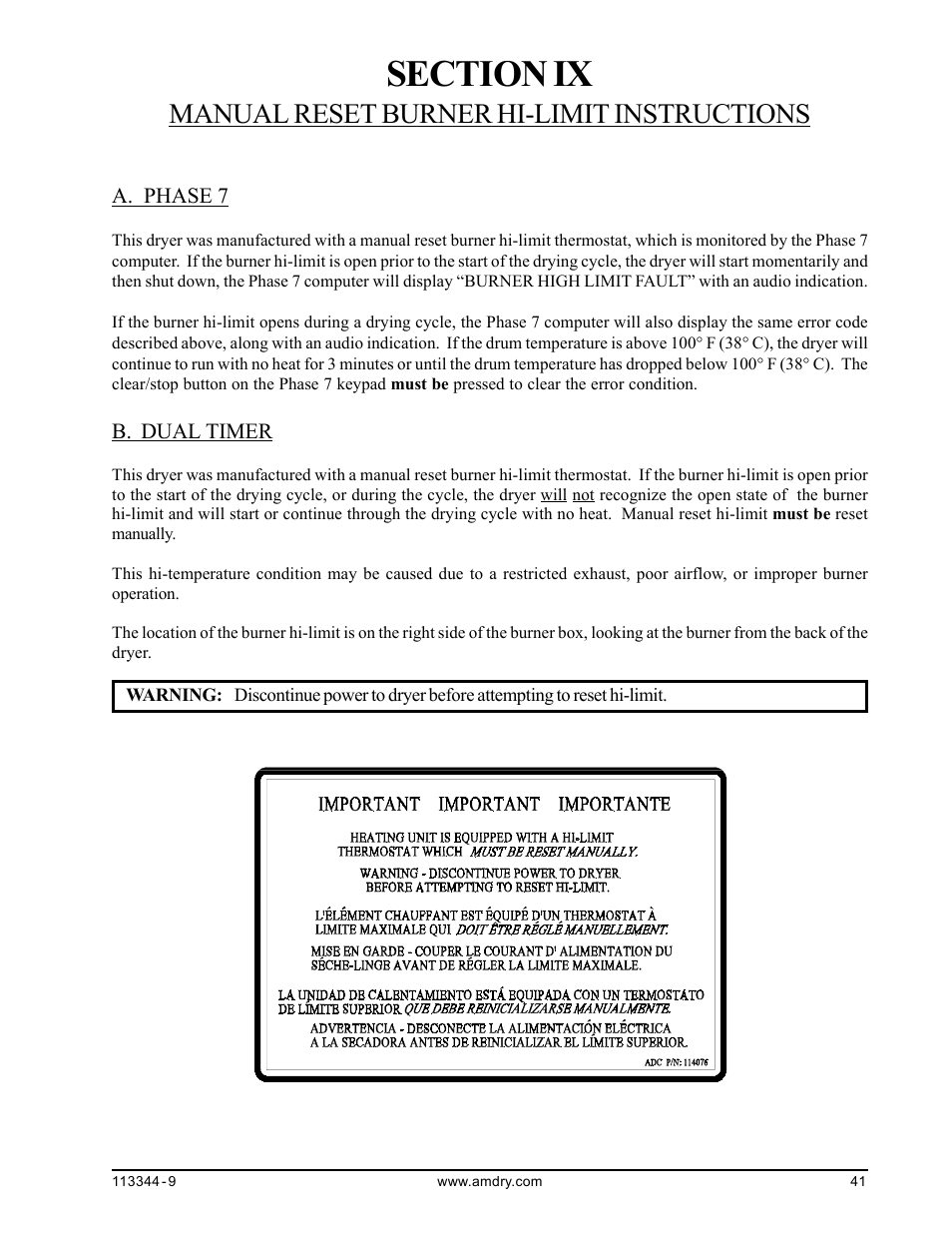 Manual reset burner hi-limit instructions, Phase 7, Dual timer | A. phase 7 b. dual timer | American Dryer Corp. ML-82 III User Manual | Page 45 / 46