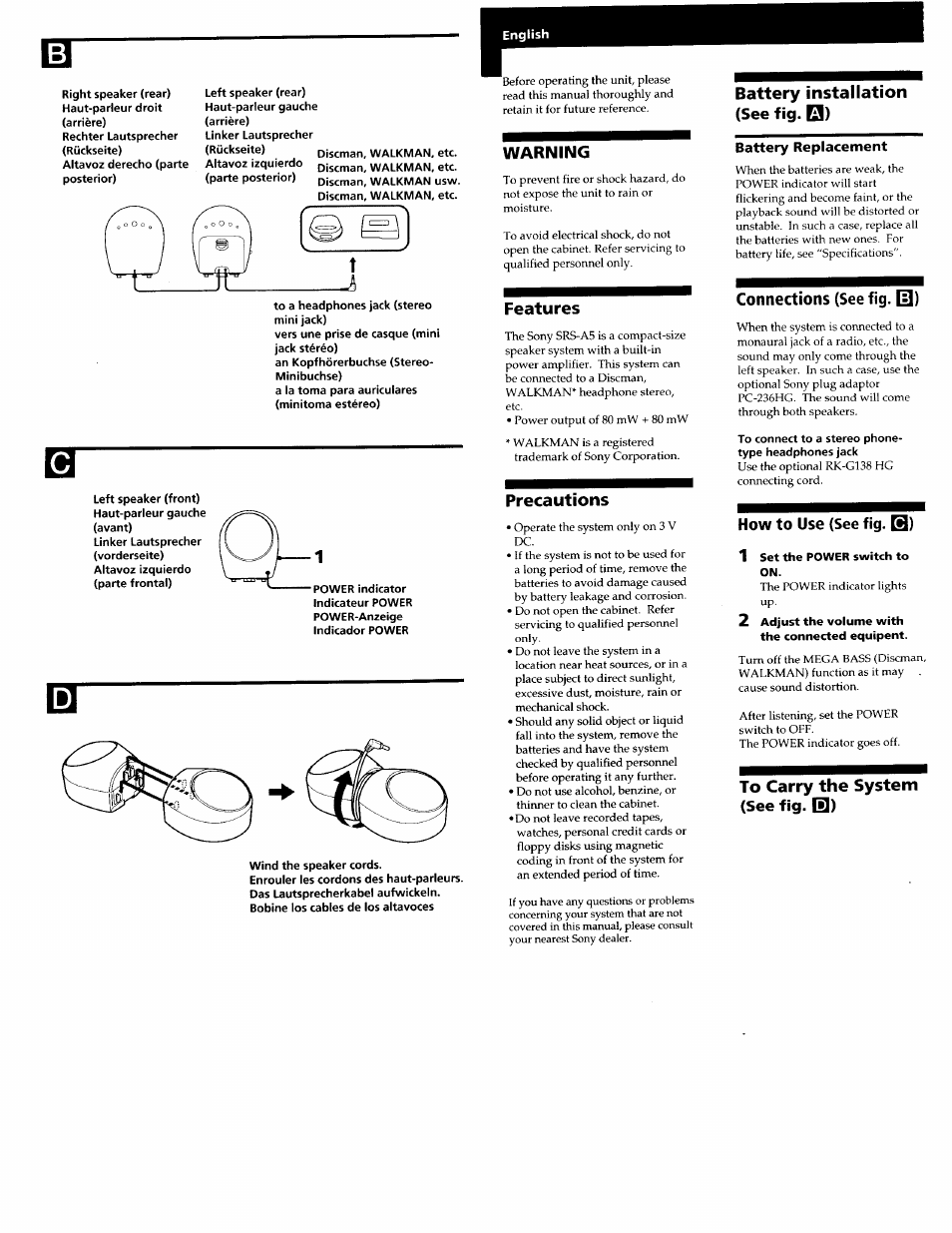 Warning, Features, Precautions | Battery installation (see fig. q), To carry the system (see fig. [■]), Connections (see fig. q]), How to use (see fig. b) | Sony SRS-A5 User Manual | Page 2 / 9