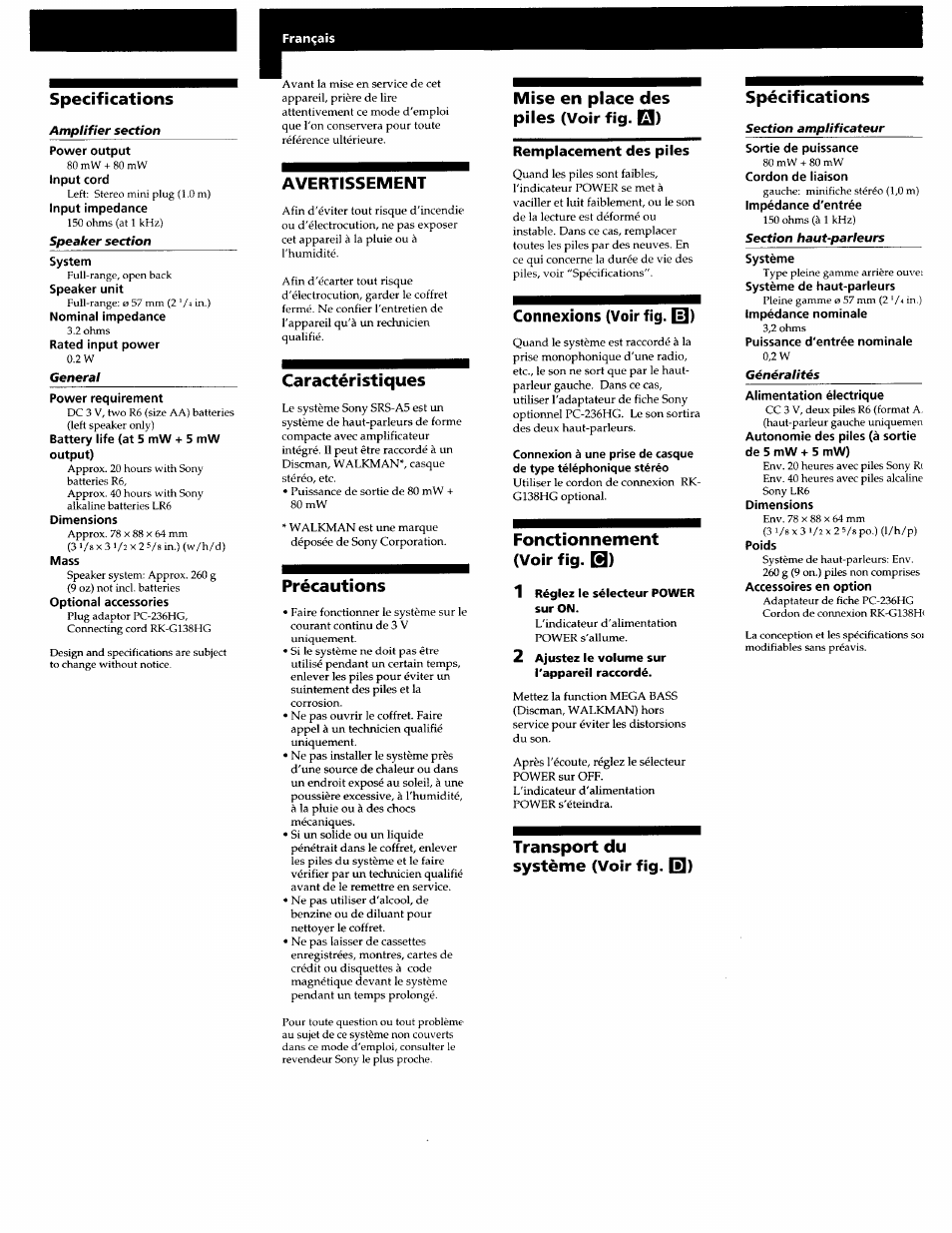 Specifications, Power output, Input cord | Input impedance, Speaker unit, Nominal impedance, Rated input power, Power requirement, Battery life (at 5 mw + 5 mw output), Mass | Sony SRS-A5 User Manual | Page 3 / 9