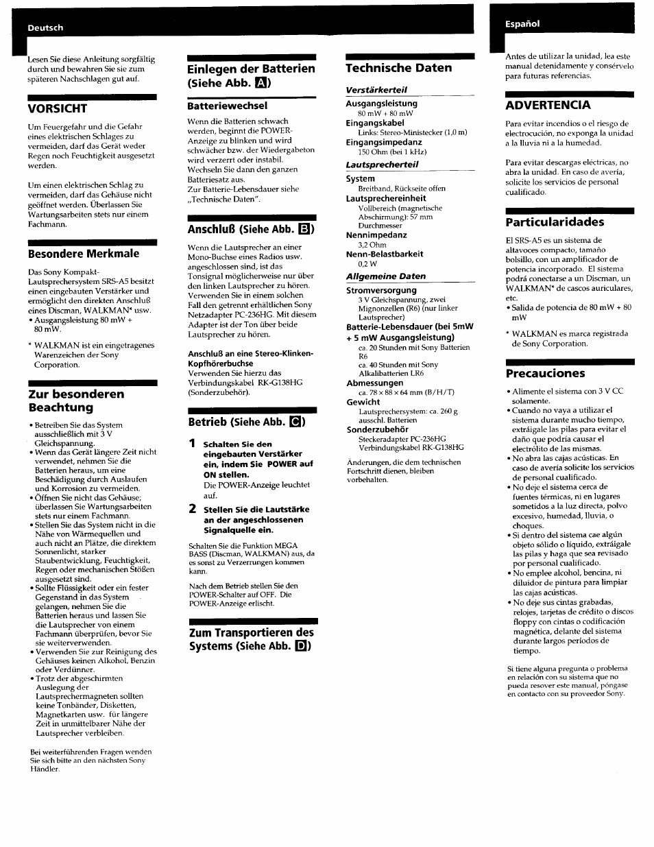 Vorsicht, Besondere merkmale, Zur besonderen beachtung | Einlegen der batterien (siehe abb. es), Anschluß (siehe abb. [e), Betrieb (siehe abb. q), Zum transportieren des systems (siehe abb. q), Technische daten, Particularidades, Precauciones | Sony SRS-A5 User Manual | Page 4 / 9