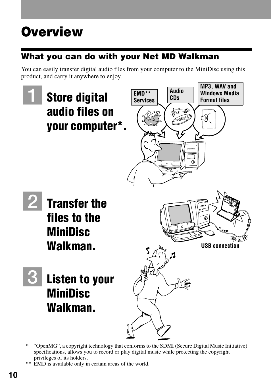 Overview, Store digital audio files on your computer, Transfer the files to the minidisc walkman | Listen to your minidisc walkman | Sony MZ-N1 User Manual | Page 10 / 96