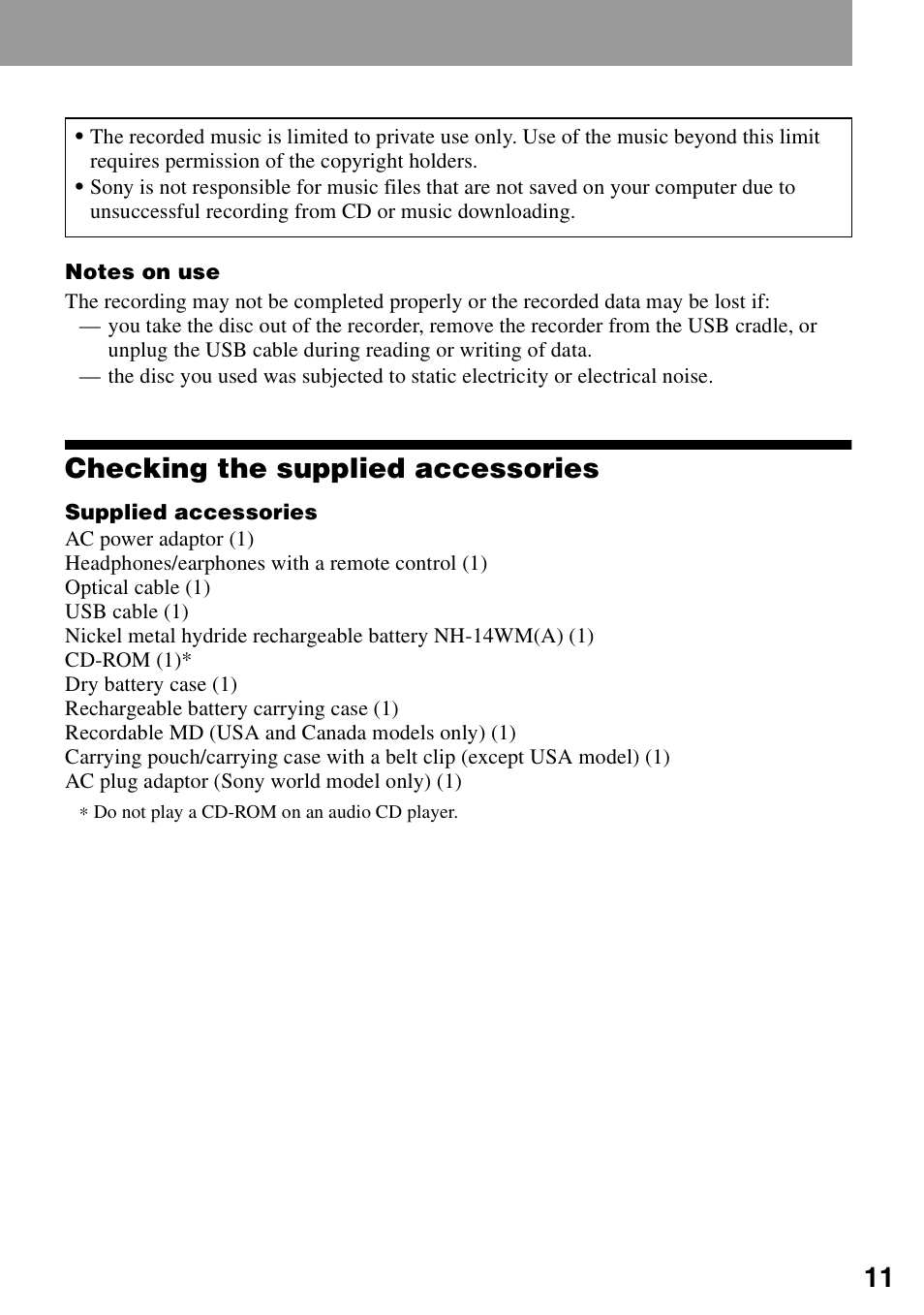 Checking the supplied accessories | Sony MZ-N1 User Manual | Page 11 / 96