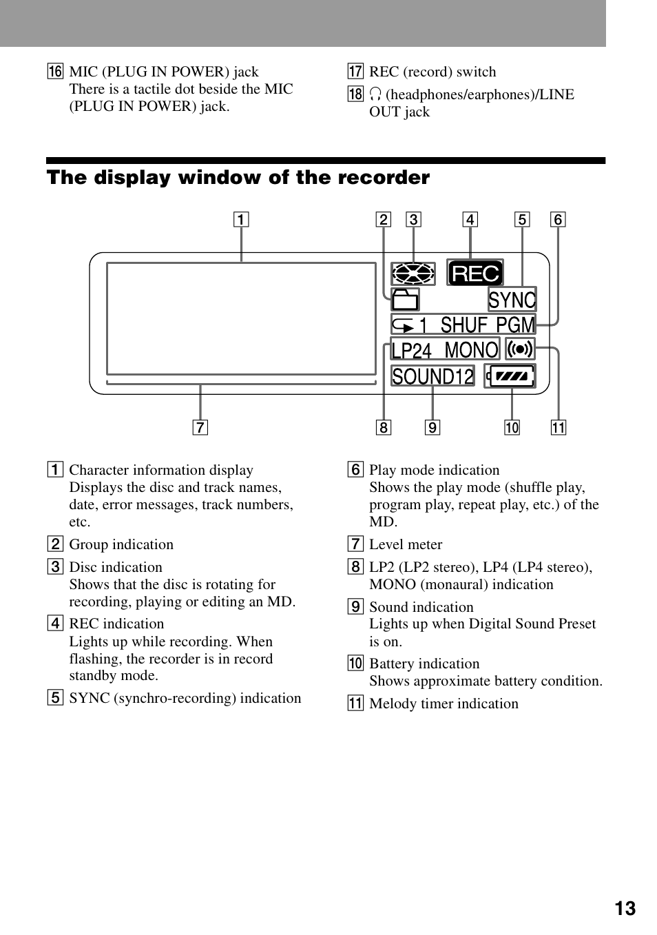 The display window of the recorder | Sony MZ-N1 User Manual | Page 13 / 96