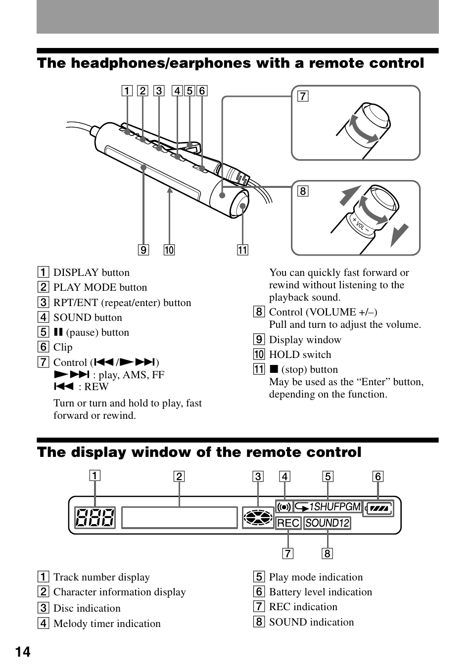 14 the headphones/earphones with a remote control, The display window of the remote control | Sony MZ-N1 User Manual | Page 14 / 96