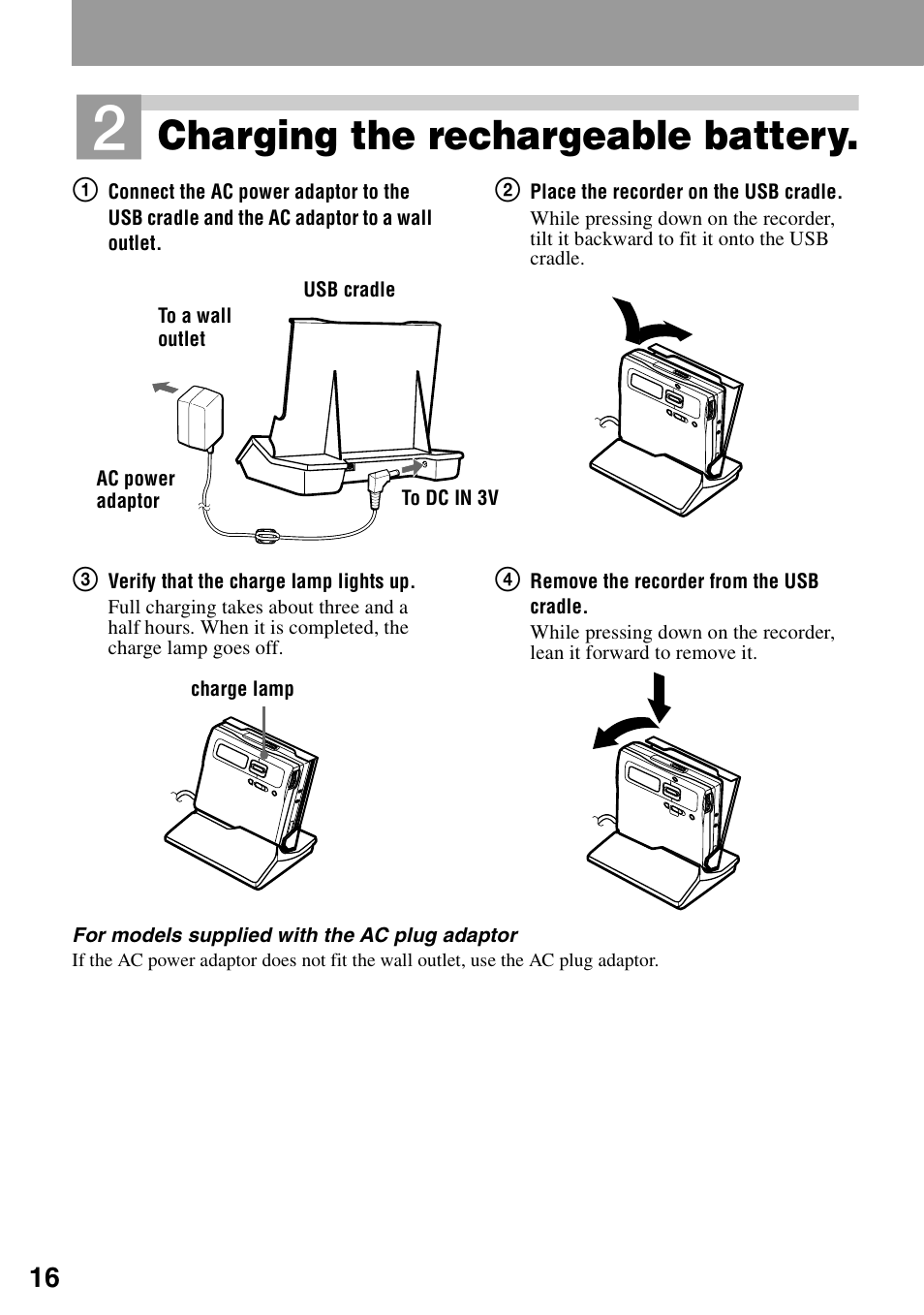 Charging the rechargeable battery | Sony MZ-N1 User Manual | Page 16 / 96