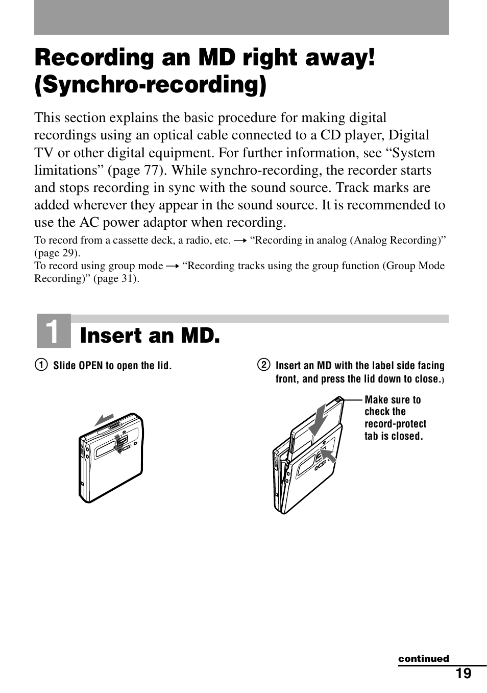 Recording an md right away! (synchro-recording), Recording an md right away! (synchro- recording), Insert an md | Sony MZ-N1 User Manual | Page 19 / 96